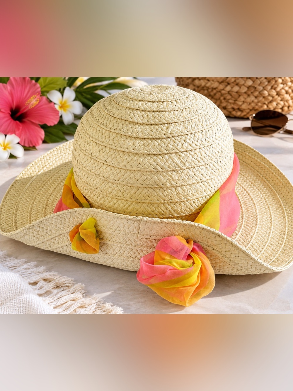 Chatties | Straw Floppy Sun Hat with Pink & Yellow Scarf Accent